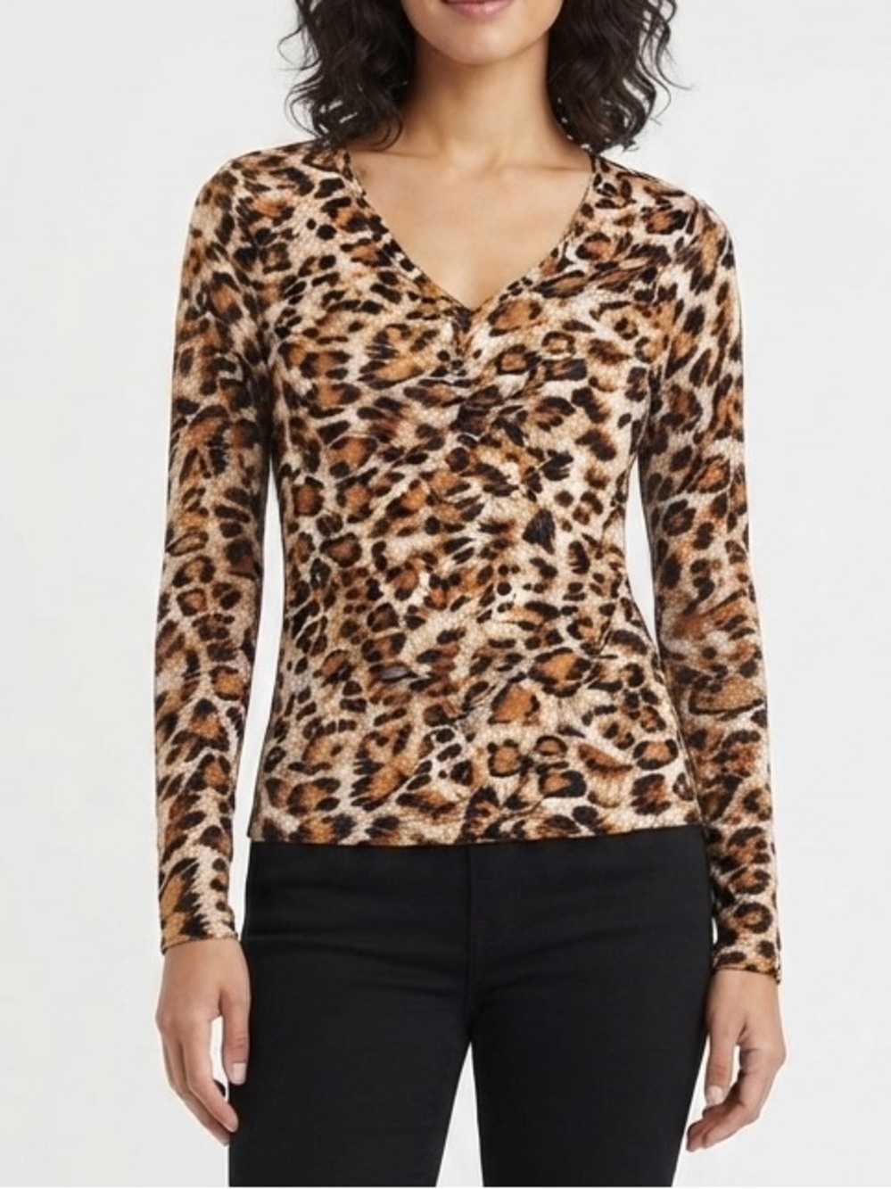 Olivia Rae Womens Leopard Print Long-Sleeve V-Neck Top - Brown/Black Size M